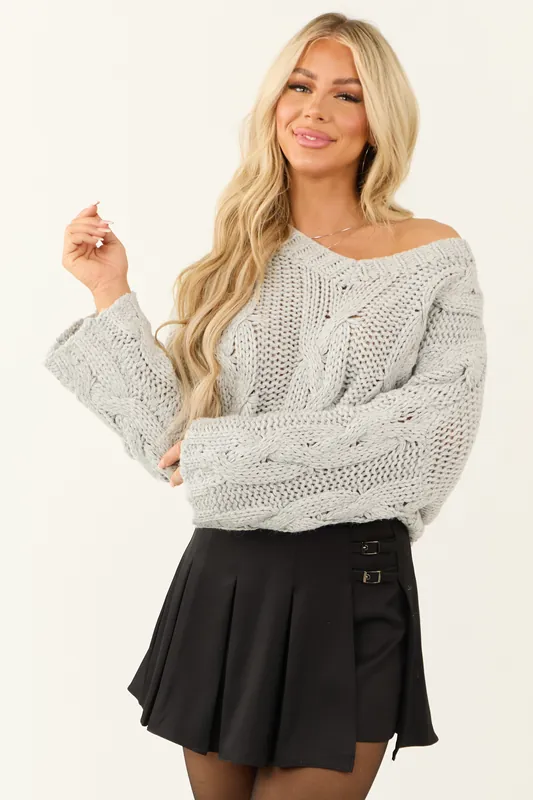 Dove Grey V Neck Long Sleeve Cable Knit Sweater - HYFVE