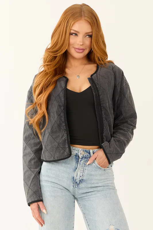 Black Acid Wash Zip Up Long Sleeve Quilted Jacket - IDEM DITTO