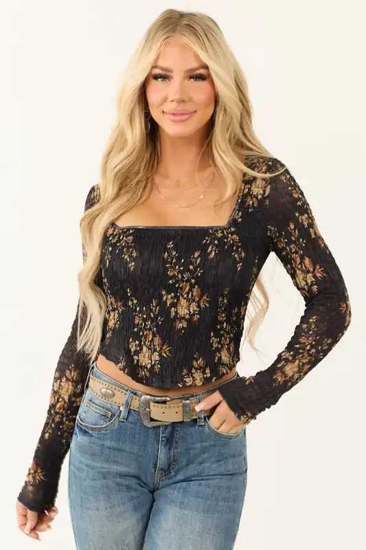 Black Floral Print Long Sleeve Smocked Crop Top - Promesa