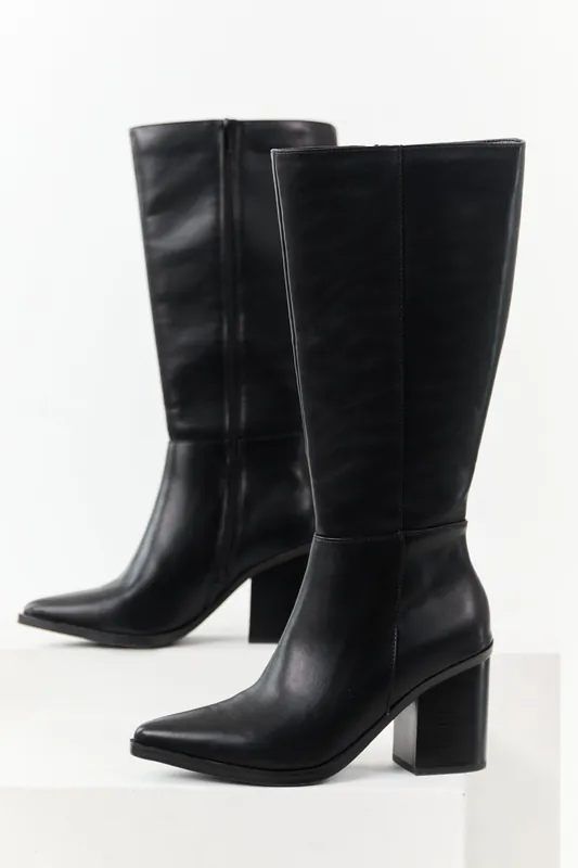 Black Faux Leather Pointed Toe Tall Boots - FORTUNE DYNAMIC