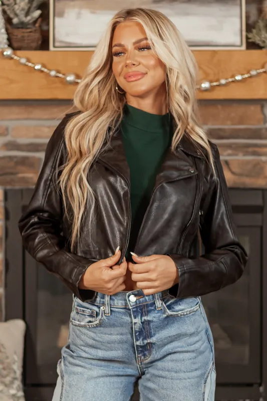 Black Faux Leather Asymmetrical Zipper Jacket - Style Melody