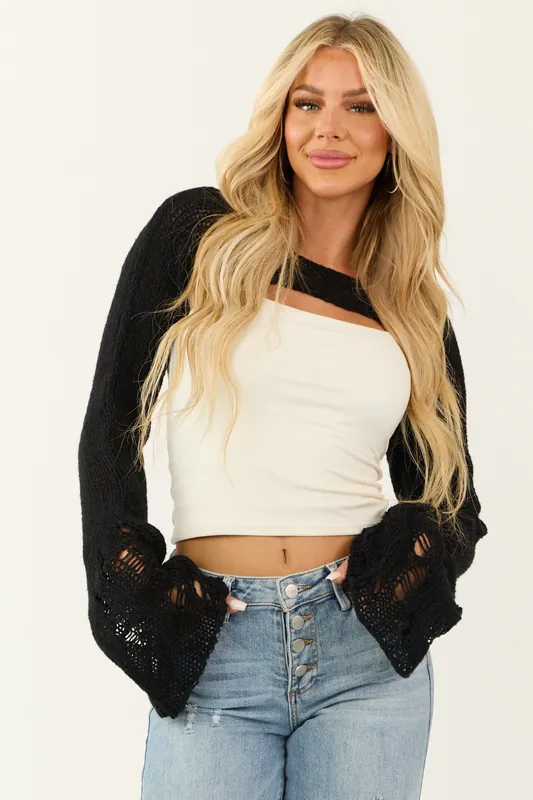 Black Crochet Knit High Cropped Long Sleeve Shrug - Style Melody