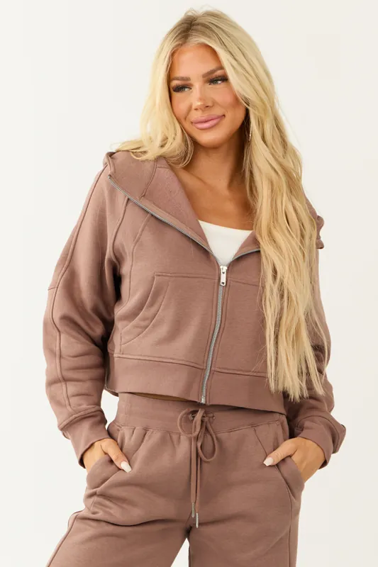 Coffee Zip Up Front Knit Hoodie with Thumbholes - Style Melody