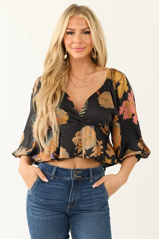 Black Large Floral Print Satin Babydoll Blouse - Fore Collection