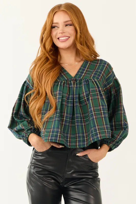Pine Plaid Long Sleeve Top with Tie Back - Day + Moon