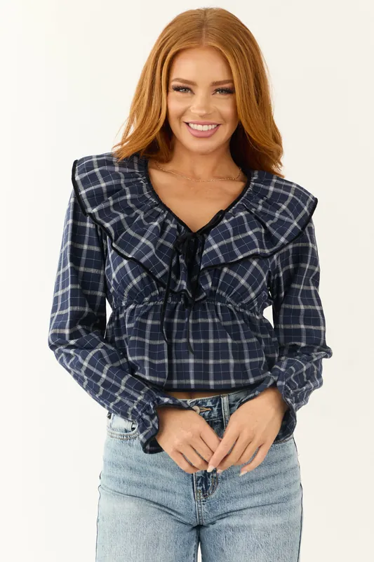 Navy Plaid V Neck Velvet Trim Long Sleeve Top - Day + Moon