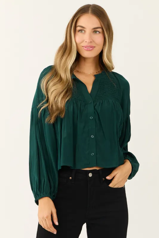 Forest Green Button Up Smocked Yoke Long Sleeve Top - Day + Moon