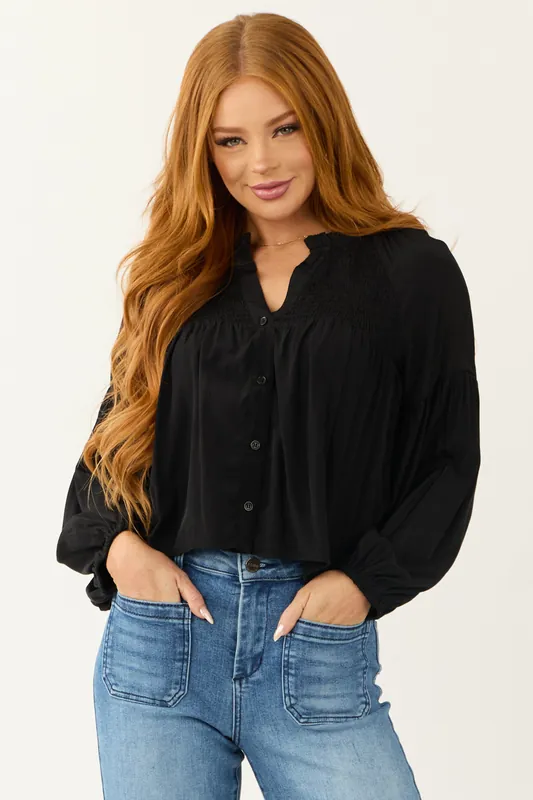 Black Button Up Smocked Yoke Long Sleeve Top - Day + Moon
