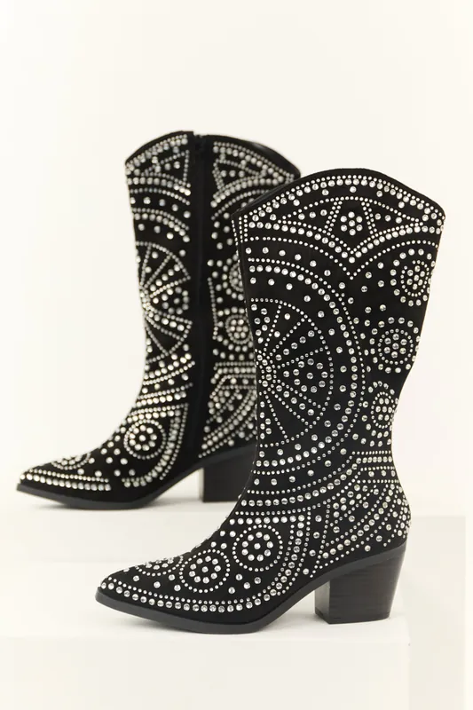 Black Rhinestone Studded Western Boots - JP ORIGINAL CORP