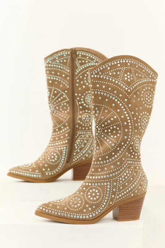 Latte Rhinestone Studded Western Boots - JP ORIGINAL CORP