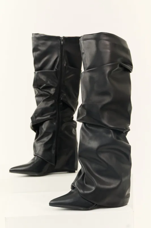 Black Faux Leather Slouchy Knee High Boots - JP ORIGINAL CORP