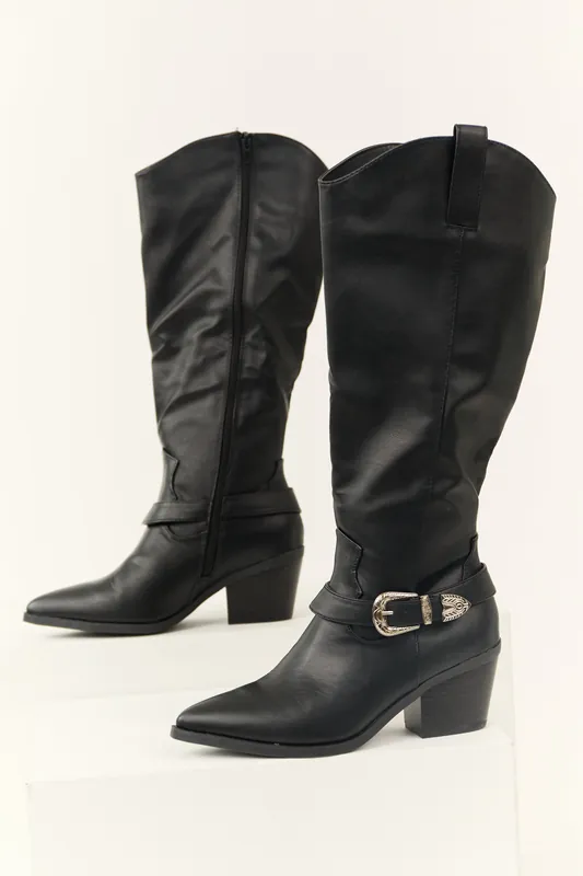 Black Faux Leather Pointed Toe Buckle Boot - JP ORIGINAL CORP