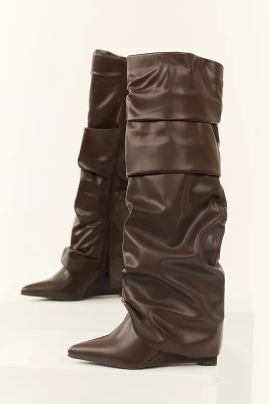 Chocolate Faux Leather Slouchy Knee High Boots - JP ORIGINAL CORP