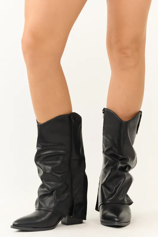 Black Faux Leather Slouchy Foldover Boot - JP ORIGINAL CORP