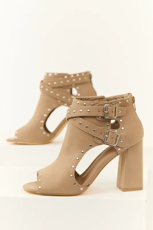 Latte Studded Buckle Straps Open Toed Heels - JP ORIGINAL CORP