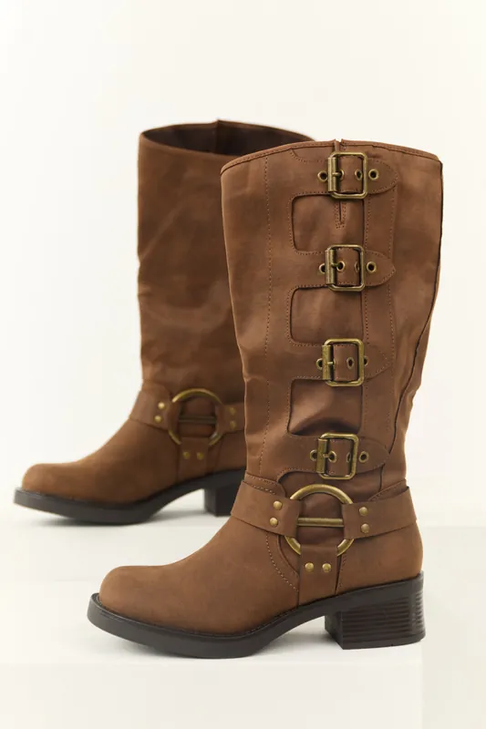Light Sepia Faux Leather Multiple Buckle Boot - JP ORIGINAL CORP