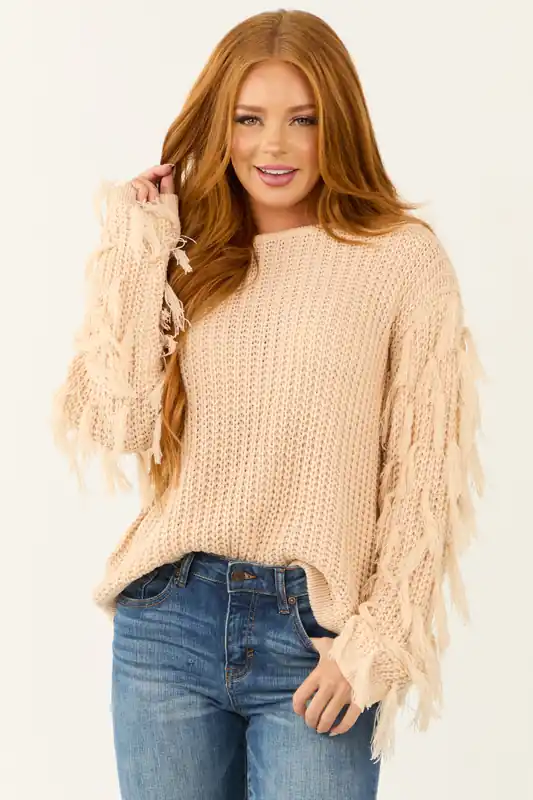 Champagne Tassel Fringe Sleeve Knit Sweater - Umgee