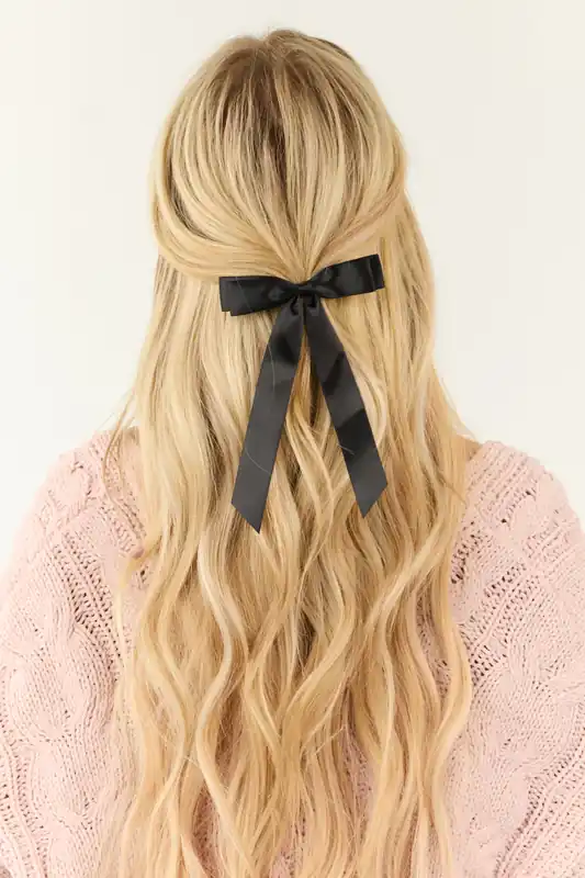 Shiny Black Satin Bow Ribbon Hair Clip - Swan Madchen