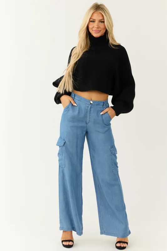 Medium Wash Wide Leg Cargo Lightweight Pants - Shop Iris