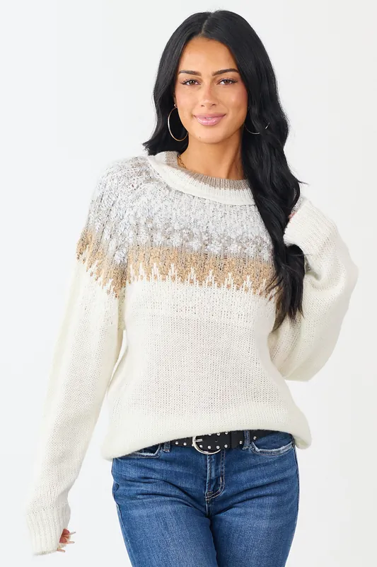 Cream Abstract Print Long Sleeve Knit Sweater - Haptics