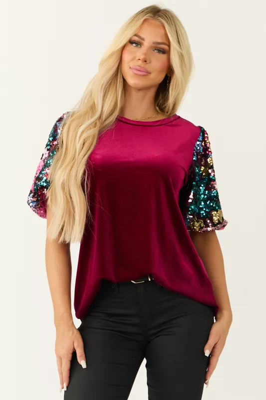 Wine Velvet Half Sequin Puff Sleeve Top - Haptics