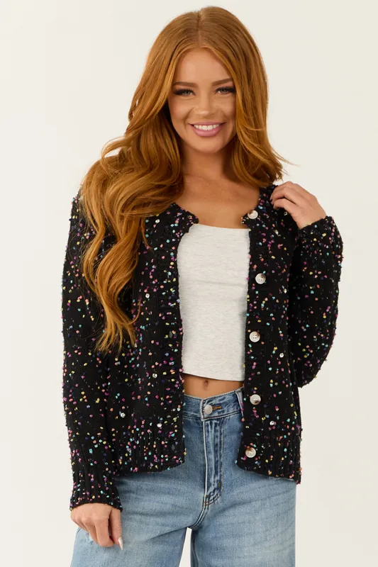 Black Confetti Knit Rhinestone Detail Cardigan - Shewin