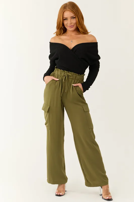 Olive Elastic Paperbag Waist Drawstring Cargo Pants - Shop Iris