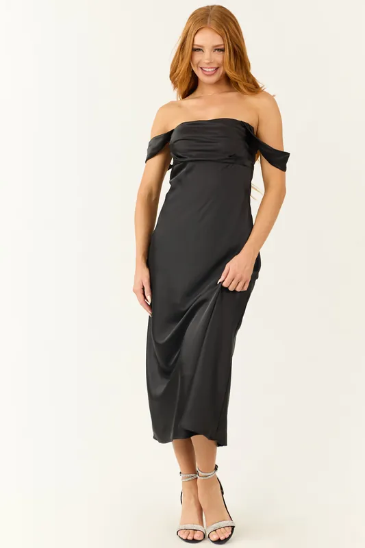 Black Off the Shoulder Satin Ruched Midi Dress - LE LIS