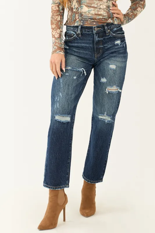 Kancan Dark Wash Denim Distressed Ankle Jeans