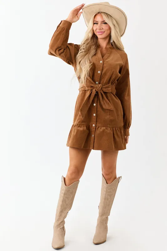 Lovelo Brown Sugar Long Sleeve Corduroy Short Dress - GeeGee
