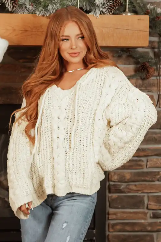 Cream Tie Neckline Detail Hooded Sweater - mello