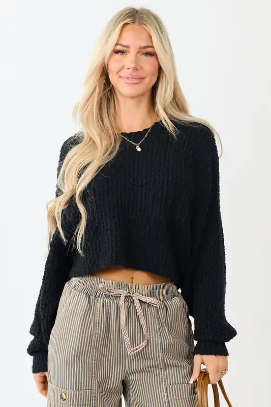 Black Popcorn Knit Cropped Oversized Sweater - HYFVE