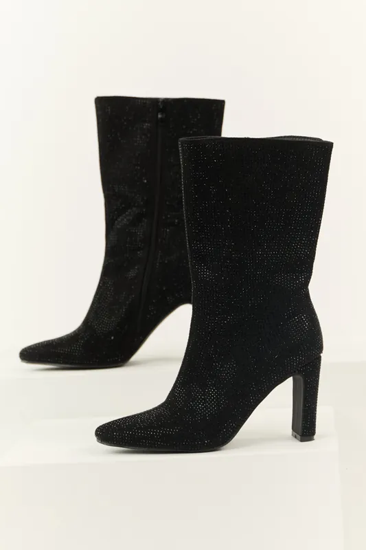 Black Rhinestone Zip Up Heeled Boots - Berness
