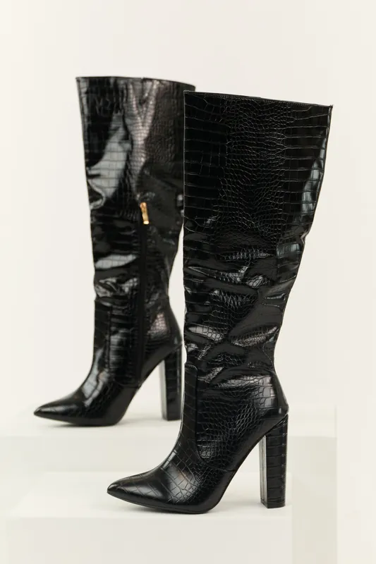 Black Faux Leather Crocodile Heeled Boots - Berness