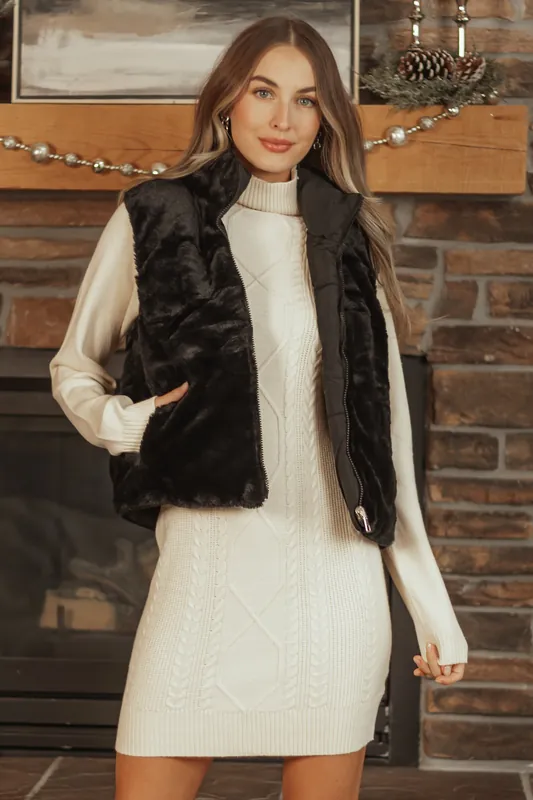 Black Reversible Faux Fur Quilted Zip Up Vest - Shop Iris