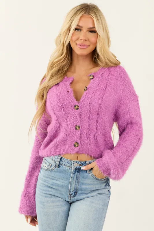 Orchid Fuzzy Cable Knit Button Up Cardigan - HYFVE