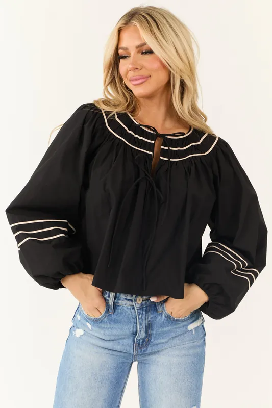 Black Front Double Tie Puff Long Sleeve Top - Lalavon