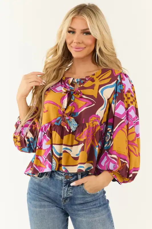 Marsala Abstract Print Tie Front Peplum Fit Top - Jodifl
