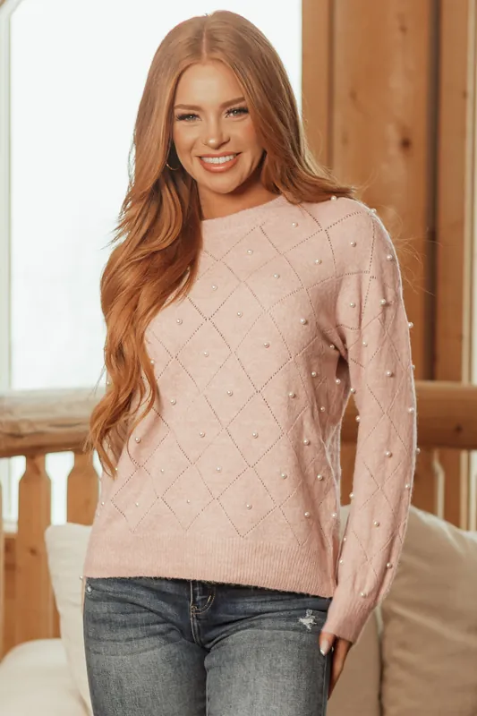Pale Blush Pearl Detail Diamond Pointelle Knit Sweater - Staccato