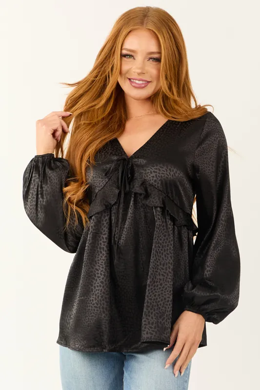 Black Animal Print Satin Ruffle Babydoll Blouse - Lime 'N' Chili