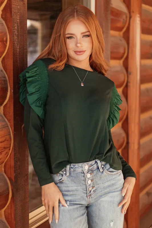 Forest Green Ruffle Shoulder Long Sleeve Knit Top - Lime 'N' Chili