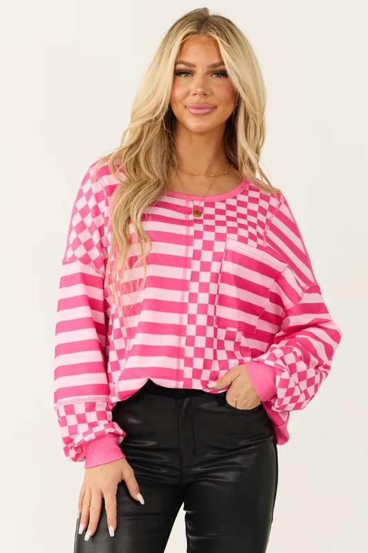 Hot Pink and Blush Multiprint Patchwork Top - Shewin