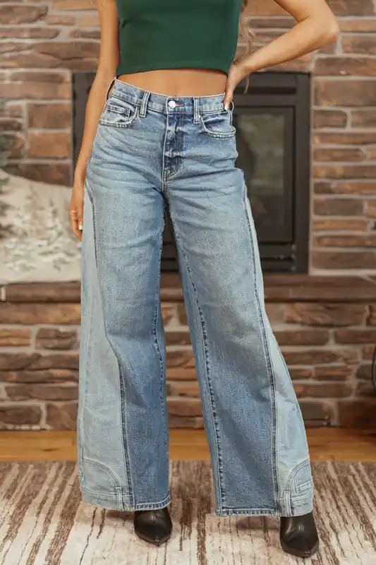 Cello Medium Wash Pocket Hem Detail Wide Leg Jeans - Cello Jeans