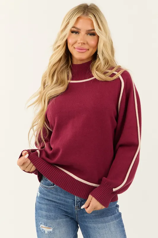Wine Contrast Ivory Trim Mock Neck Sweater - Gilli