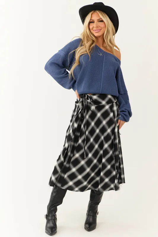Black and Ivory Plaid Raw Hem Midi Skirt - Listicle