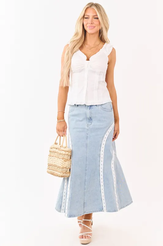Light Wash Lace Trim Mermaid Flare Midi Skirt - Listicle