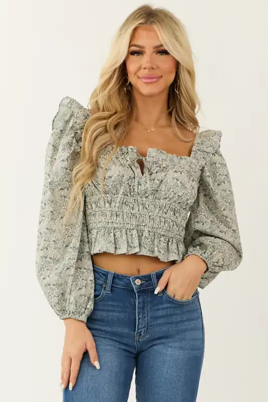 Spruce Dainty Floral Print Cropped Blouse - Aureum