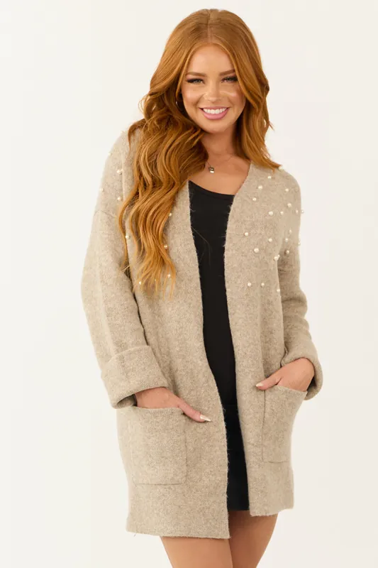Oatmeal Pearl Embellished Open Front Cardigan - Staccato