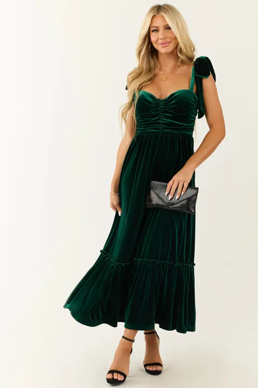Deep Pine Velvet Tie Straps Ruched Maxi Dress - So Me