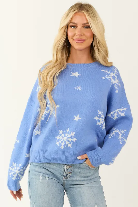 Cornflower Snowflake Pattern Knit Sweater - LE LIS
